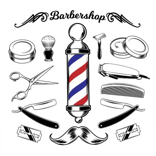vector monochrome collection barbershop tools 1 طرح وکتور لوازم آرایشگاه مردانه سبیل فرچه تیغ شانه ماشین اصلاح قیچی