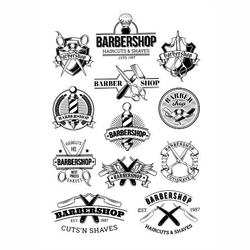vector set barbershop logos signage 1 طرح وکتور و ست 12 تایی لوگو آرایشگاه مردانه و بابر شاپ لاکچری