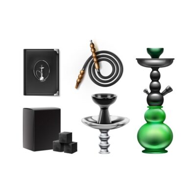 وکتور ست قلیان - ساقه -کاسه - شلنگ - نگهدارنده شیشا - تنباکو - ذغال - پس زمینه سفید