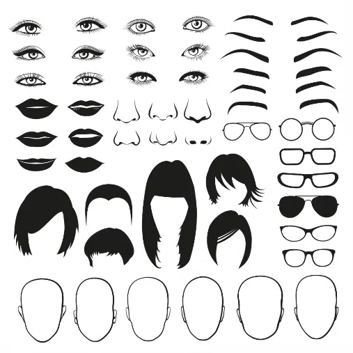 woman face parts set 1 طرح وکتور اجزا مختلف صورت زن - مو بینی ابرو عینک صورت سر لب چشم