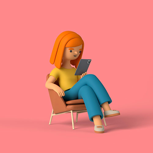 3d girl character checking her phone while sitting 1