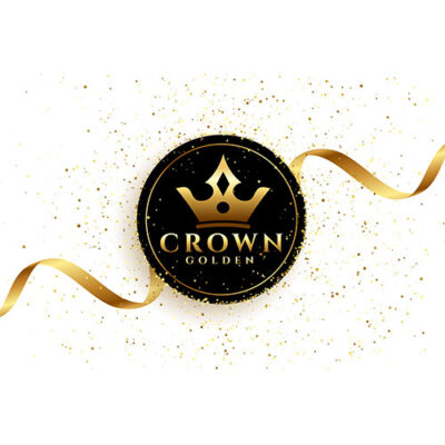 لوگو و آرم لاکچری طلایی با تاج و دایره مشکی و ربان طلایی