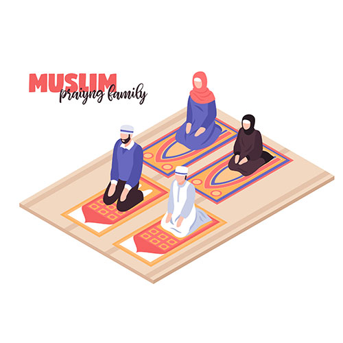 arab people praying concept with men women praying isometric 1 تصویر با کیفیت کتاب مقدس قرآن با پرتوهای نورانی