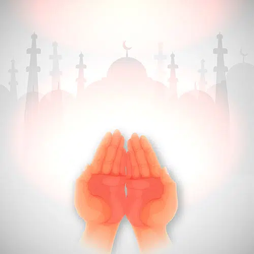 beautiful glowing background with illustration praying human hand front mosque muslim community 1 تصویر با کیفیت کتاب مقدس قرآن با پرتوهای نورانی