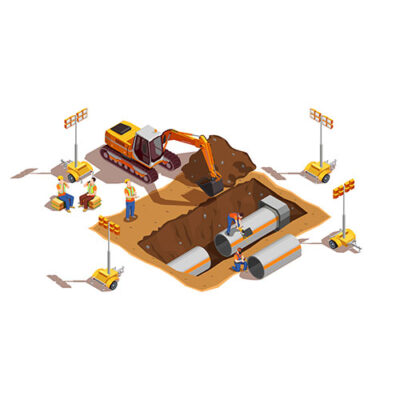 طرح وکتور سازندگان لوله گذاری و روشنایی توسط خودروهای ساختمانی