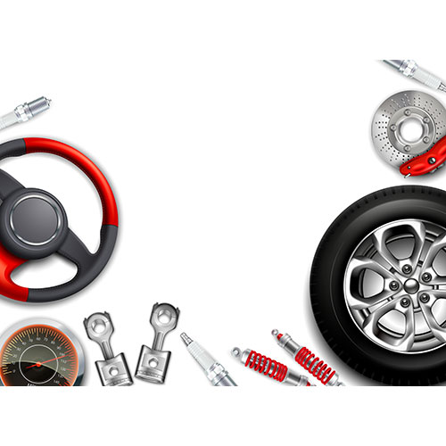 car parts background with realistic images alloy disks steering wheel shock absorbers with empty space 1 برچسب