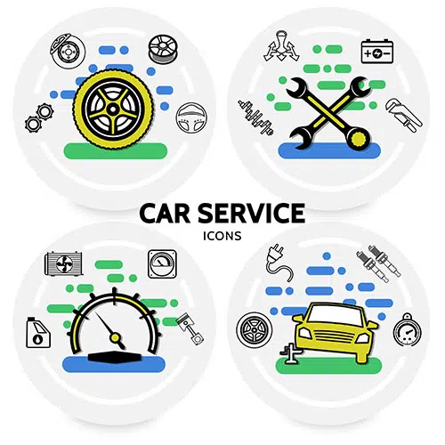 وکتور تعمیرگاه ماشین جلوبندی برق خودرو باطری شمع لاستیک صفحه کیلومتر 1 car service concept with tire gears wrenches transmission battery shock absorber engine piston spark 1 وکتور