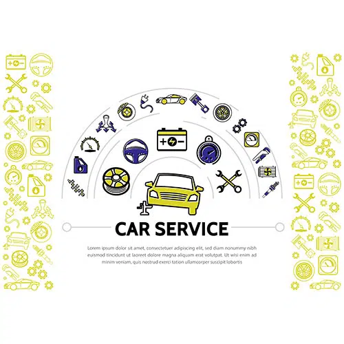 car service line icons composition with shock absorber oil speedometer transmission brake disc piston 1 وکتور