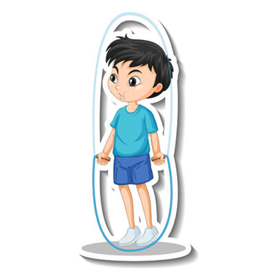 برچسب شخصیت کارتونی با طناب پریدن پسر