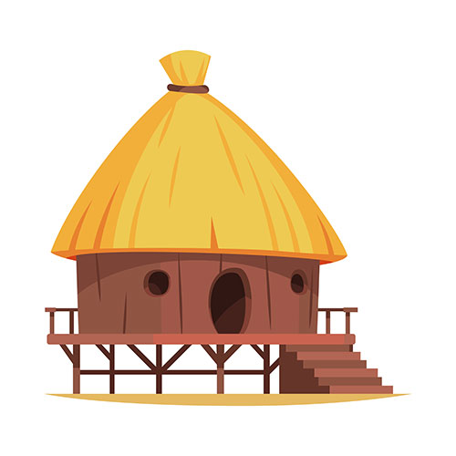 cartoon wooden hut with straw roof white 1
