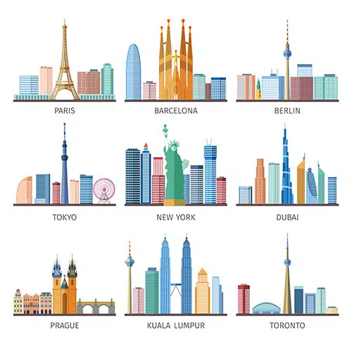 طرح وکتور مجموعه آیکون شهرهای معروف دنیا 1 cities skylines icons set 1 طرح