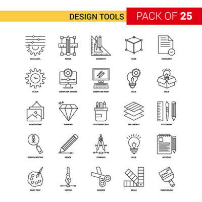 ابزارهای طراحی خط آیکون خط مشکی 25 مجموعه نماد کسب و کار