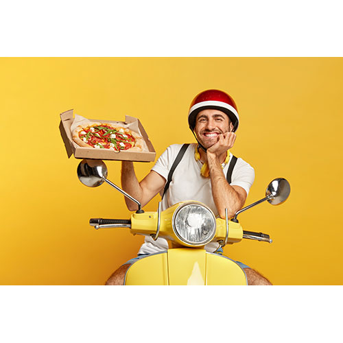 friendly looking deliveryman with helmet driving yellow scooter while holding pizza box 1 تصویر
