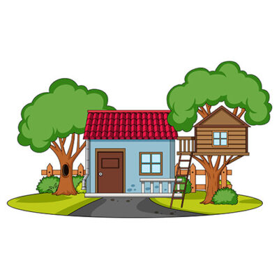 وکتور خانه نمای جلو با عناصر طبیعی درخت و کلبه درختی با زمینه سفید
