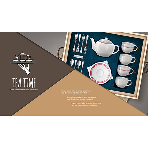 gift tea set case composition with porcelain cups teapot plate silver forks spoons realistic style 1 طرح موکاپ پایه استند ایستاده شیشه ای
