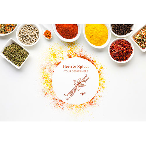 herbs spices mock up with bowls top view 1 شمارش-دست-از-یک-پنج-پس زمینه سفید