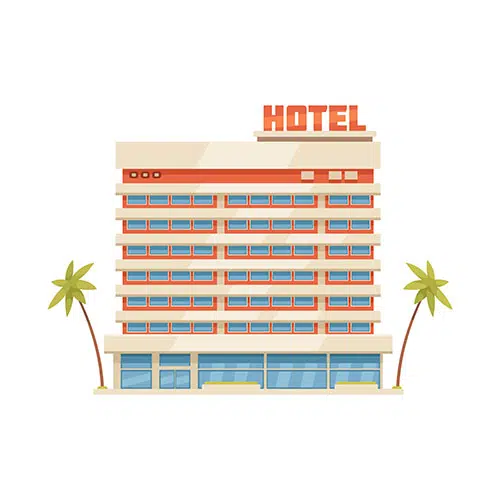 hotel building tropical country with palms cartoon icon 1 وکتور-برگ-سبز-بزرگ-گرمسیری-هیولا-گیاه-ایزوله-زمینه-سفید