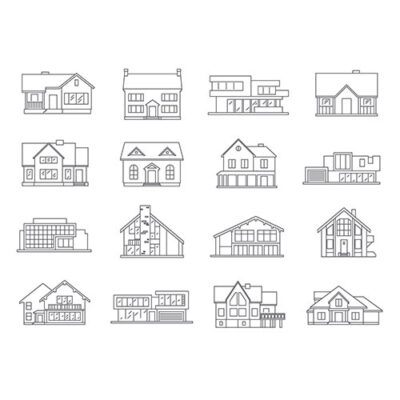 وکتور طرح مجموعه آیکون های خانه و نمای شهری
