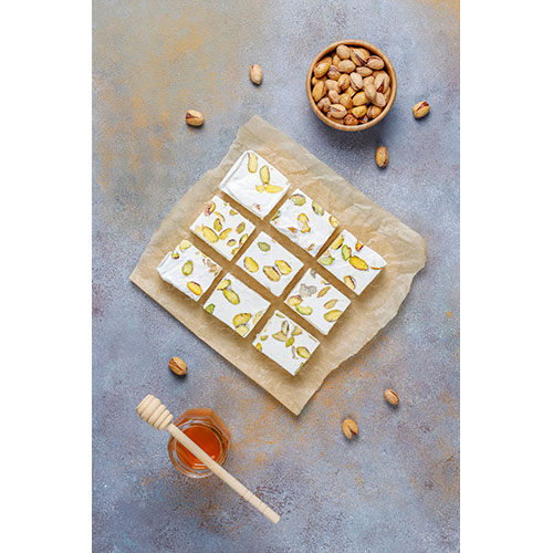 organic homemade nougat made with honey pistachio top view 1
