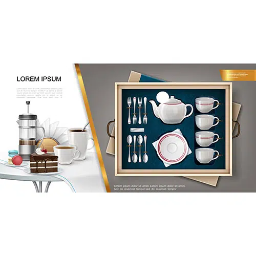 realistic silverware kitchenware concept with set teapot plate forks spoons mugs napkin holder 1 تصویر