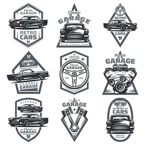 retro vehicle club emblems set with classic automobiles steering wheel motor engine pistons 1 وکتور