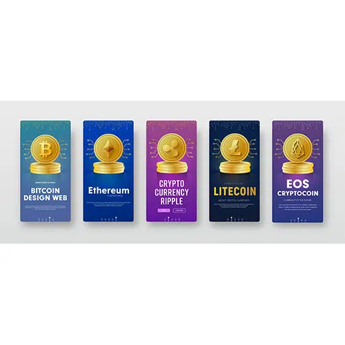 set vertical banner templates with coin crypto currency bitcoin ethereum ripple lightcoin eos 1 وکتور