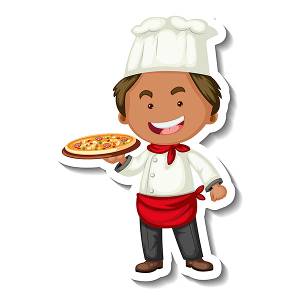 sticker template with chef man holds pizza tray isolated 1 پس زمینه-زیبا-آشپزی-با-سینی