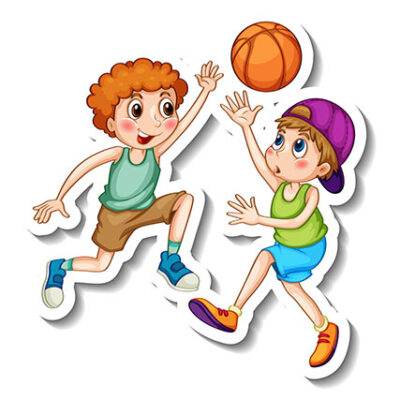 قالب برچسب با دو کودک که بسکتبال بازی می کنند