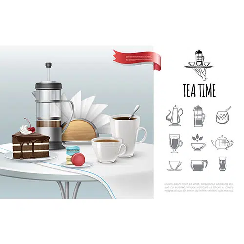 طرح لایه باز نئونی چای سبز قوری و فنجان 1 tea time concept with realistic cake cups full hot drinks french press macaroons napkins 1 طرح