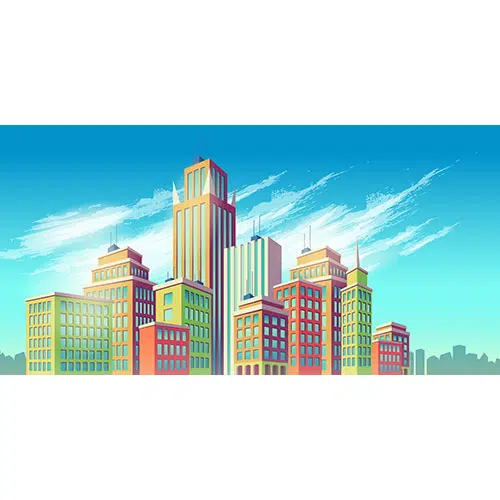 vector cartoon illustration banner urban background with modern big city buildings 1 وکتور-برگ-سبز-بزرگ-گرمسیری-هیولا-گیاه-ایزوله-زمینه-سفید