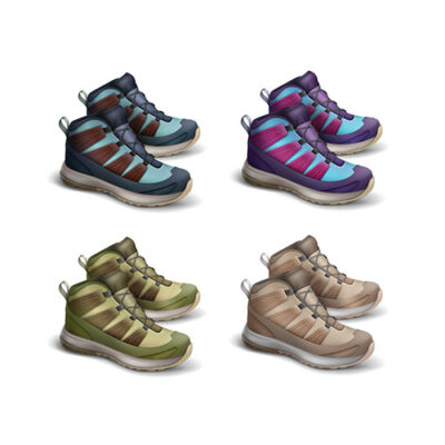 طرح وکتور مجموعه کفش ها کتانی مسافرتی و کوهنوردی