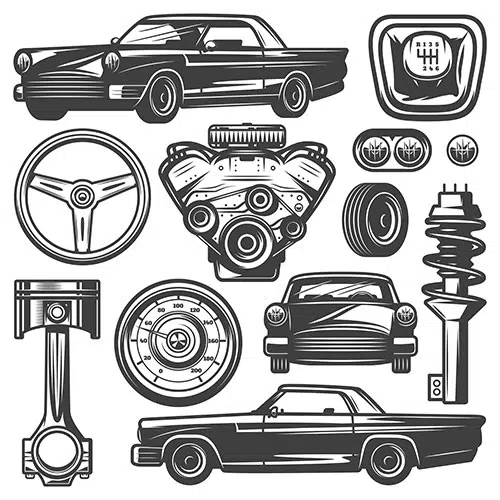 vintage car components collection witn automobile motor engine piston steering wheel tire 1 طرح