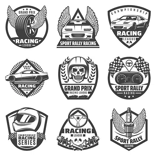 vintage monochrome car racing labels set with fast vehicles automobile parts skull helmet finish 1 مجموعه