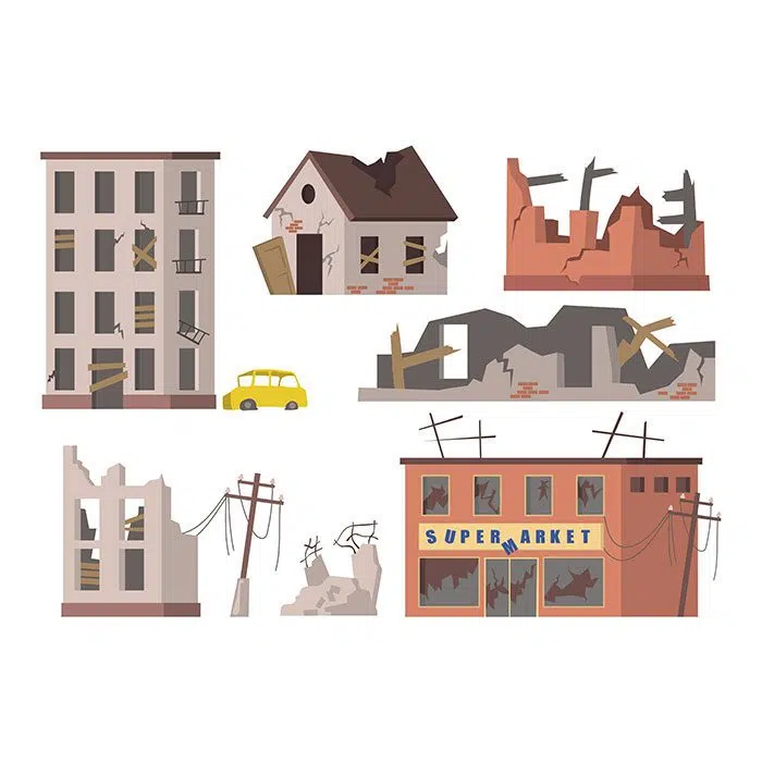 abandoned houses set old ruined city buildings apartment houses supermarkets debris torn power lines 1 املاک-لوگو-آپارتمان