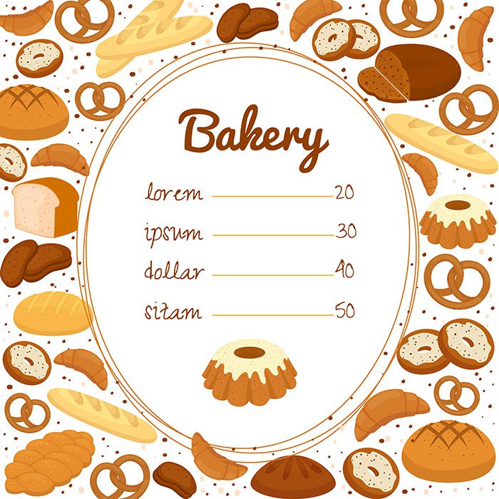 bakery menu price poster with central price list oval frame surrounded by pretzels 1 عروسی-منو-قالب