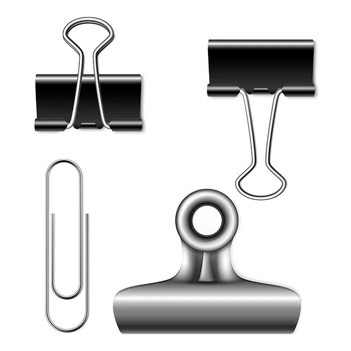 binder clips illustration 3d realistic metallic foldover foldback clip 1 پس زمینه سیاه و سفید با فوکوس نقطه نور
