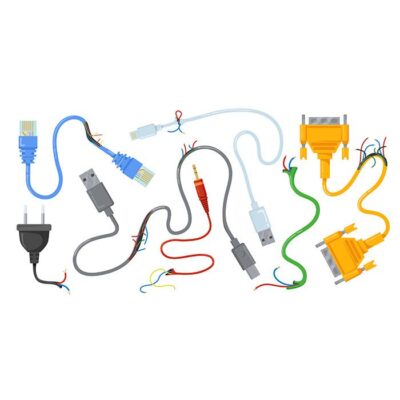 طرح وکتور ست کابل های دیتا شکسته و قطع شده - hdmi - lan - vga - usb