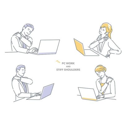 طرح وکتور زن مرد در حال کار با کامپیوتر با شانه های افتاده و درست