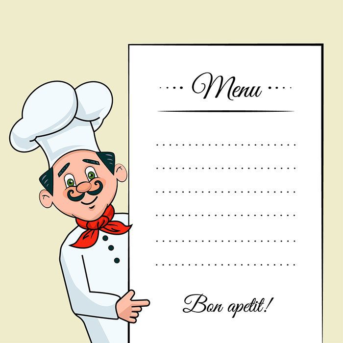 chef illustration with menu template 1 پرنعمت-چوبی-قاب-مربع-نقاشی-تصویر-ایزوله-پس زمینه سفید