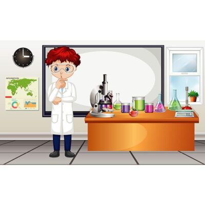 تصویر وکتور صحنه کلاس با تجهیزات آزمایشگاهی و معلم