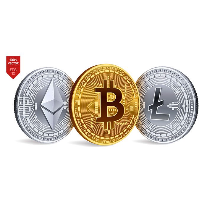 cryptocurrency golden silver coins with bitcoin litecoin ethereum symbol white background 1 جهانی با نقاط دیدنی هواپیما
