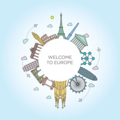 طرح وکتور دایره ای یادبودها و برج های اروپایی به شکل کره زمین