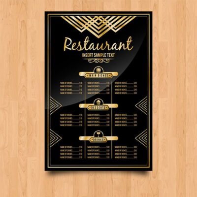 قالب منو آماده تک صفحه ای با سبک لاکچری طلایی و مشکی