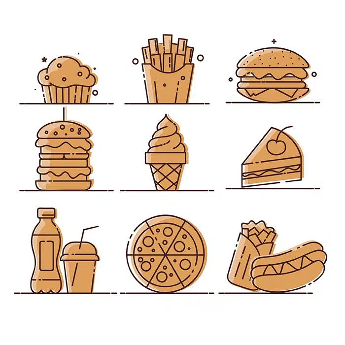 مجموعه نماد های فست فود کلاسیک همبرگر سیب زمینی کیک بستنی هات داگ پیتزا نوشابه 1 fast food icons classic flat handdrawn sketch 1 1 نمادهای فست فود-کلاسیک-تخت-دست-طرح-طرح-