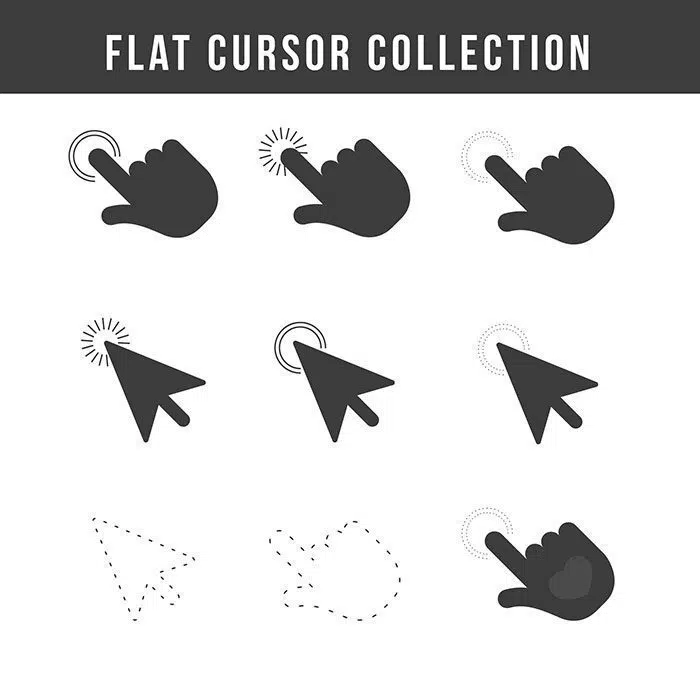 ست 9 تایی فلش و مکان نما موس و اشاره دست سیاه و سفید 1 flat black cursor pack 1 تخت-سیاه-بسته مکان نما