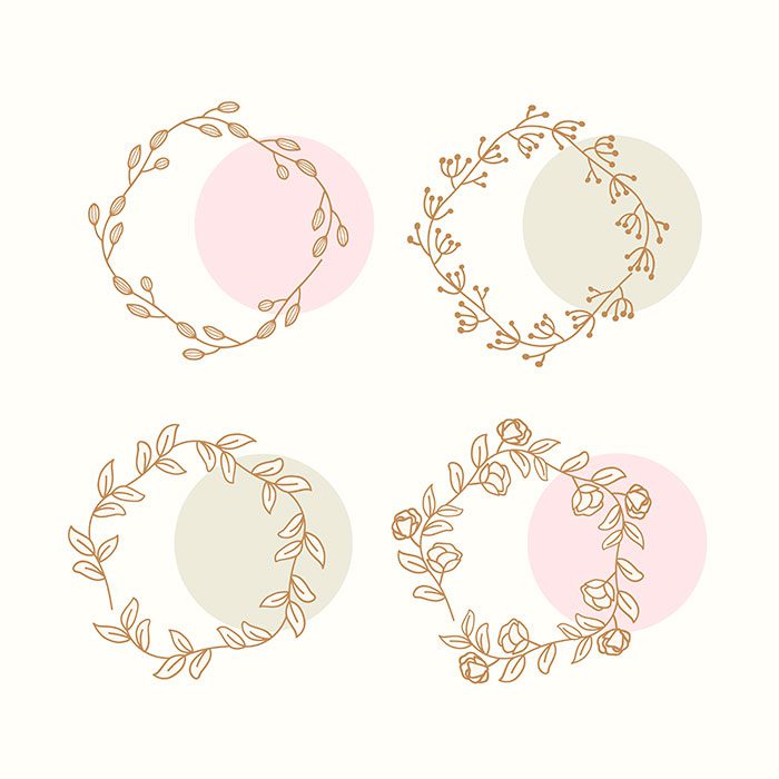 floral doodle wreath collection 1 آبرنگ-صورتی-گل-اکلیل-با-دایره-طلایی