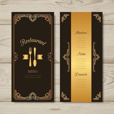 طرح آماده جلد منو رستوران لاکچری طلایی قاشق و چنگال