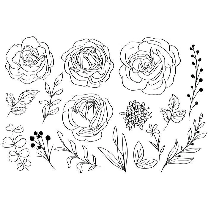 hand drawn rose leaves floral isolated clipart 1 مجموعه-آبرنگ-گل آرایی-با-رز-مشکی-طلایی