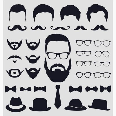 طرح وکتو و مجموعه عناصر هیپستر ریش سبیل مو کلاه پاپیون و عینک