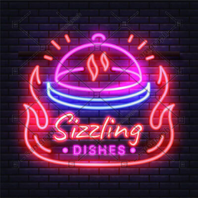 طرح نئون رستوران و شعله آتش و دیگ غذا